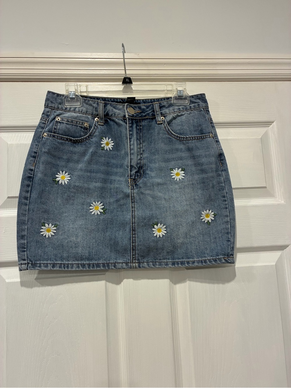 Forever 21 Denim Mini Skirt with Daisy Embroidery - Blue